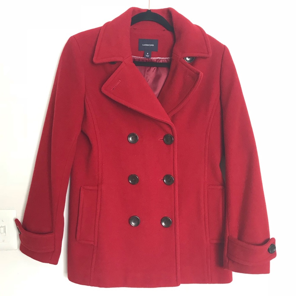 Lands End Red Wool Peacoat